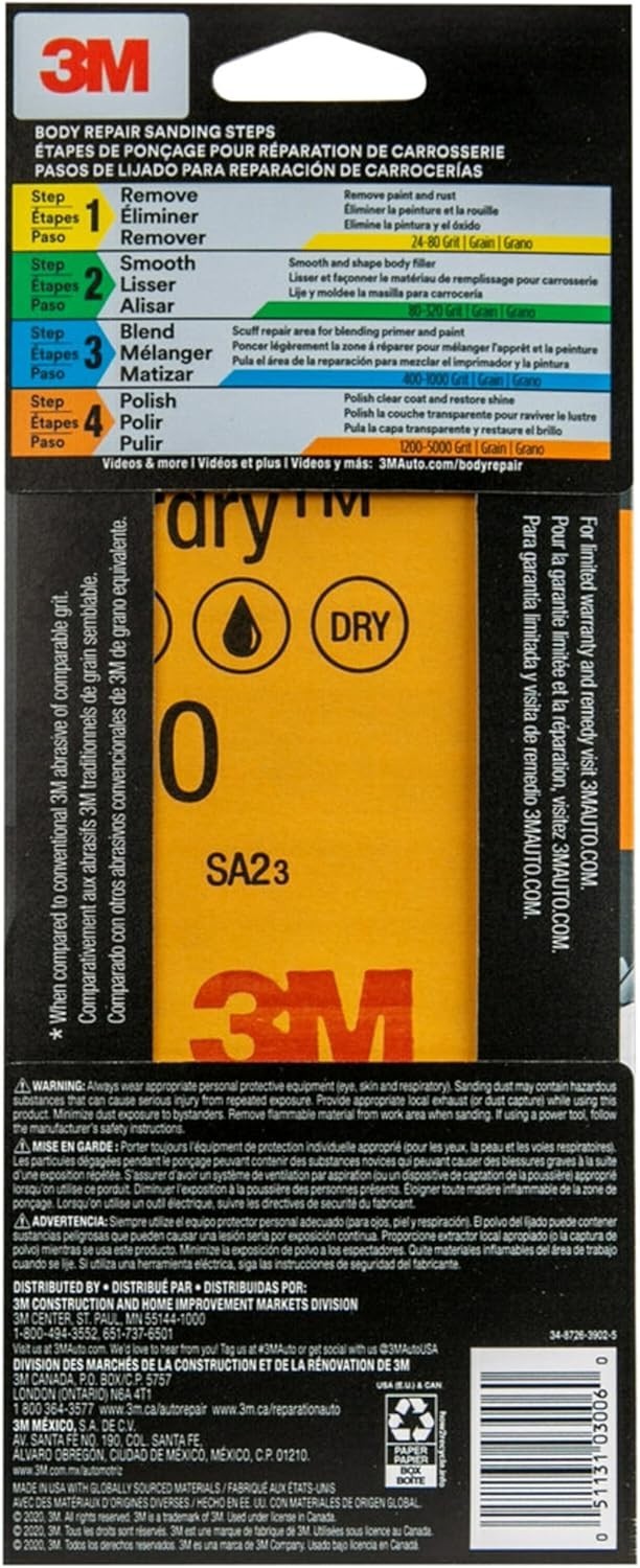 3M(TM) Wetordry(TM) Sandpaper, 03006, 3-2/3 in x 9 in, Assorted, 3 Pack