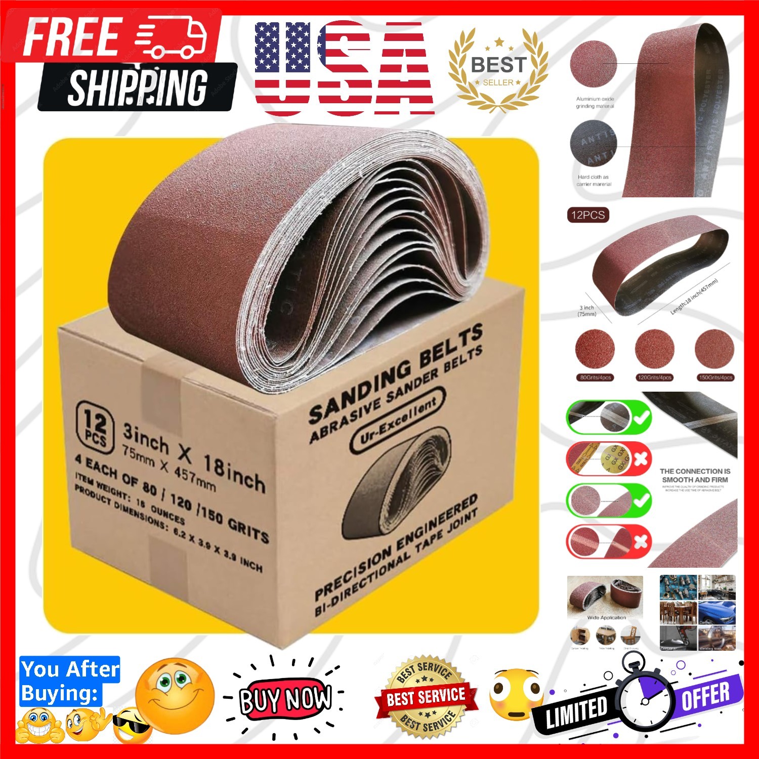 3×18 3 x 18 Inch Sanding Belt Pack 3-Inch x 18-Inch,12 Pcs4 Each of 80 120 15…