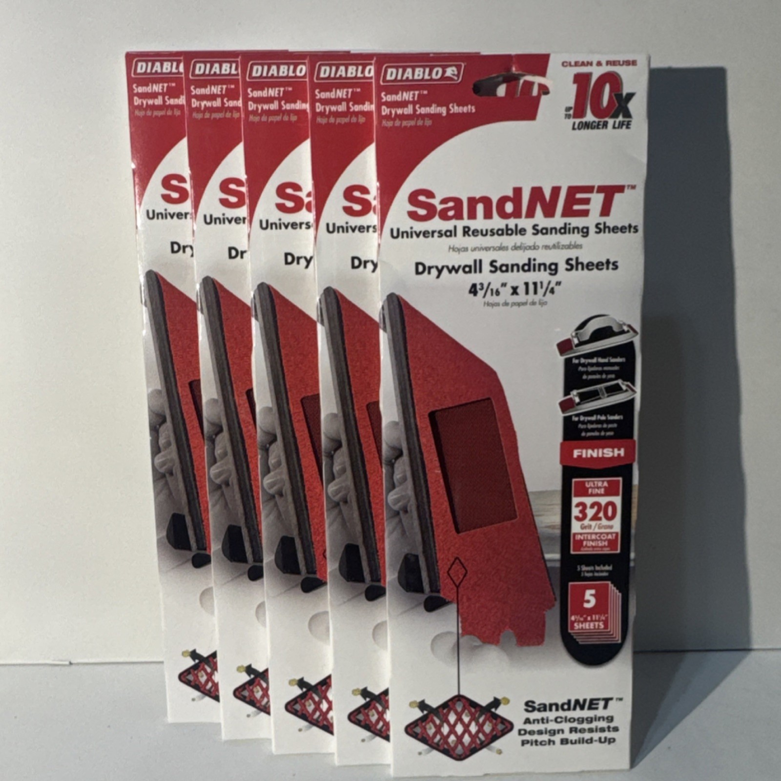 5x Diablo SandNET 320 Grit Ultra Fine Sanding Sheets 4-3/16×11-1/4in Red Drywall