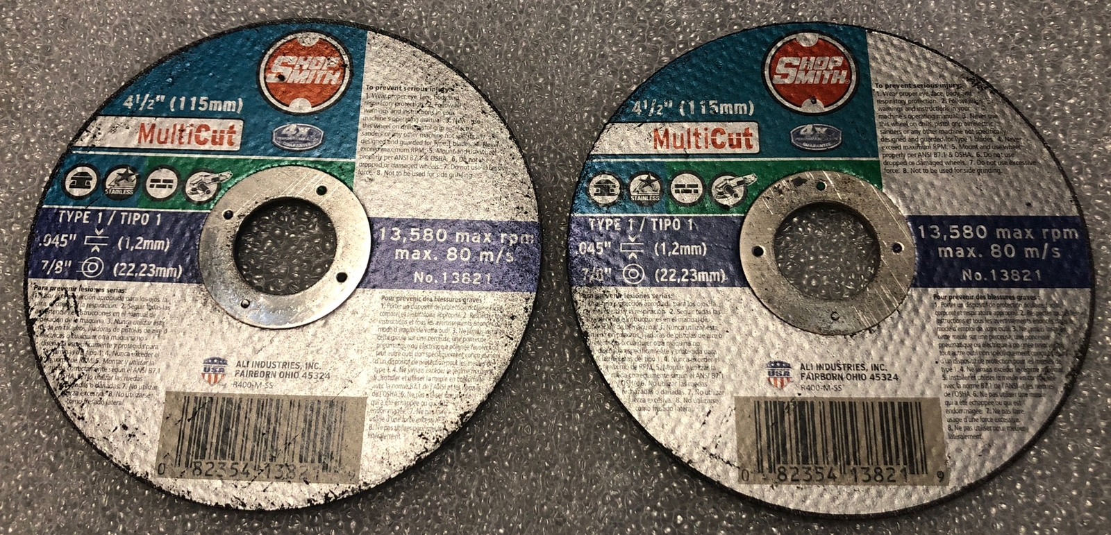 (Lot Of 2) Multipurpose 4.5 X .045 X 7/8 Cut-Off Wheel,No 13821, Ali Industries