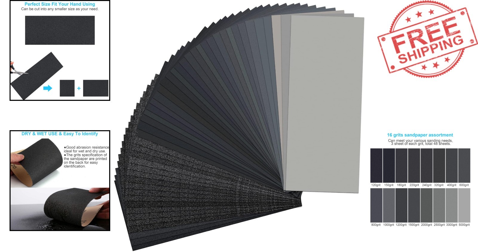 Durable Wet and Dry Sandpaper Assortment, Ideal for Buffing and Polishing Needs