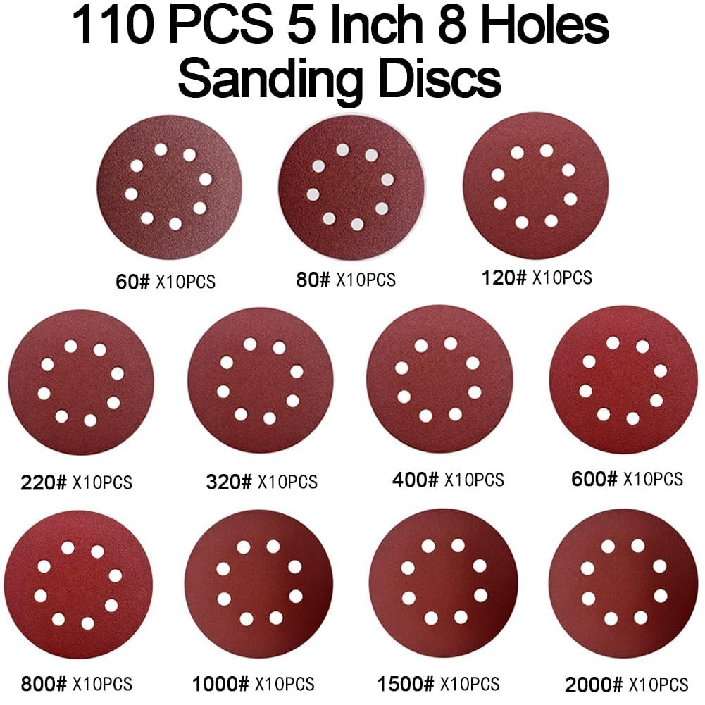 110pcs Sanding Discs Set, 5-Inch 8-Hole Hook and Loop Sandpaper 60 80 120 220…