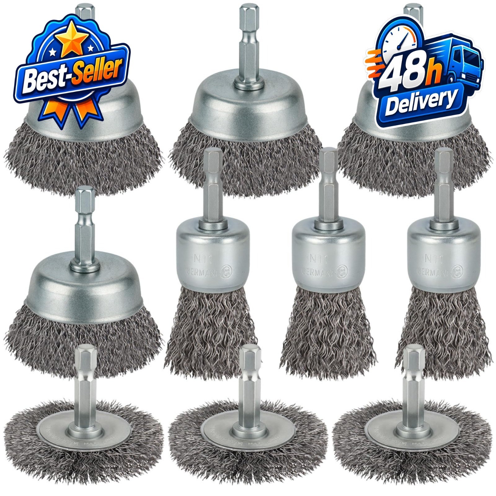 WENORA 10 Pcs Wire Brush Set, Coarse Carbon Steel, 1/4″ Hex Shank