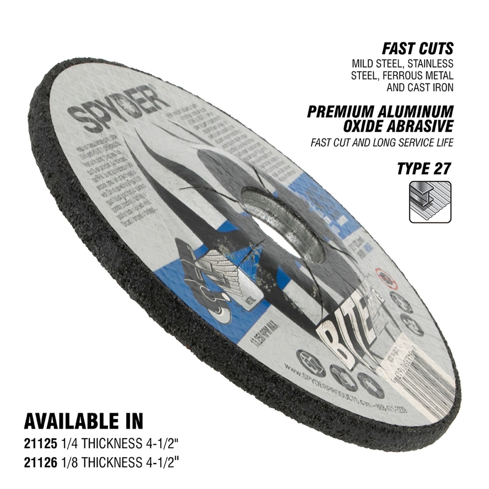 Grinding Wheel 4.5 in Aluminum Oxide (Type 27, 1/8-Inch Thickness) Spyder 21125