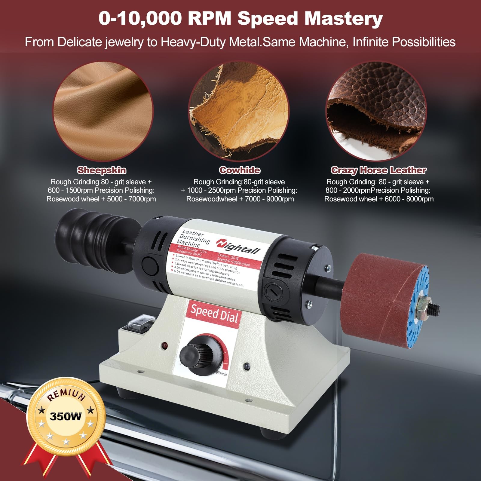 Leather Burnishing Machine, 1750-8500 RPM Variable Speed, 350W Electric Black