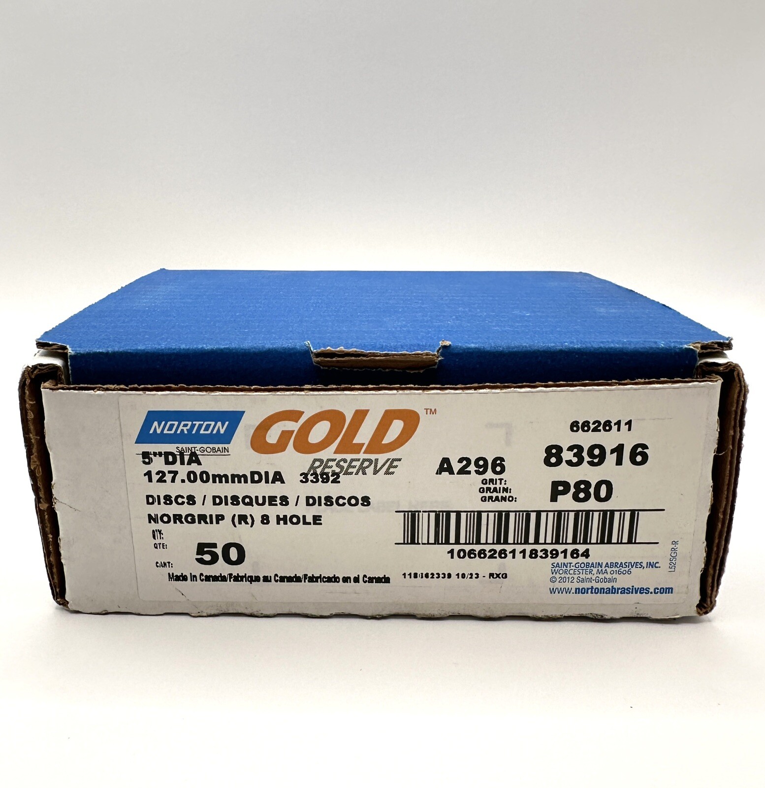 Norton Hook & Loop Sanding Discs 5″ DIA 50 pack 83916 80 Grit 8 Hole Gold