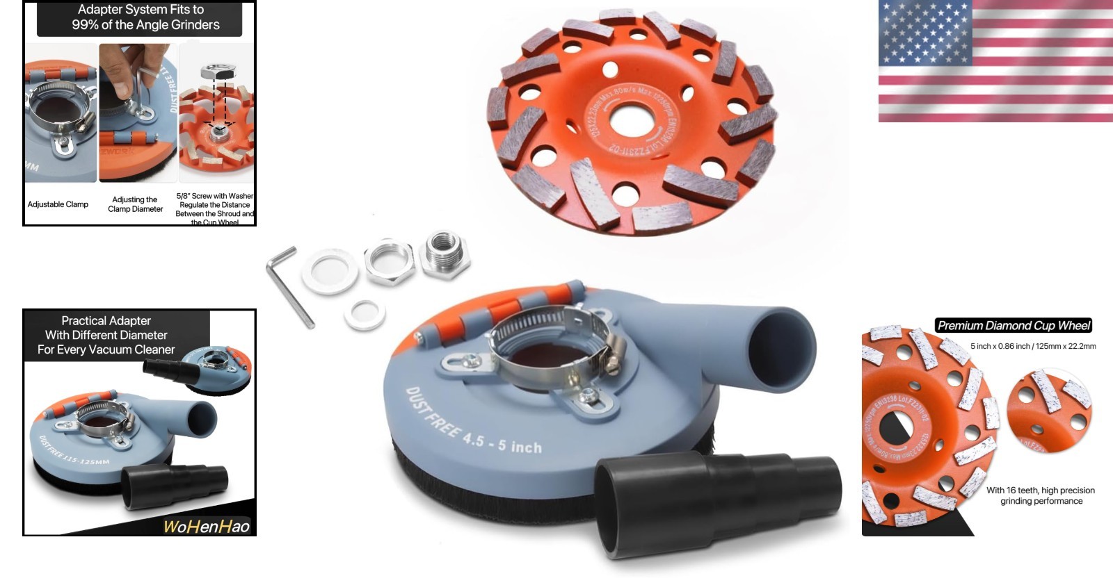 Universal Angle Grinder Dust Shroud (4.5-5 Inch) + 5 Inch Diamond Grinding Wheel