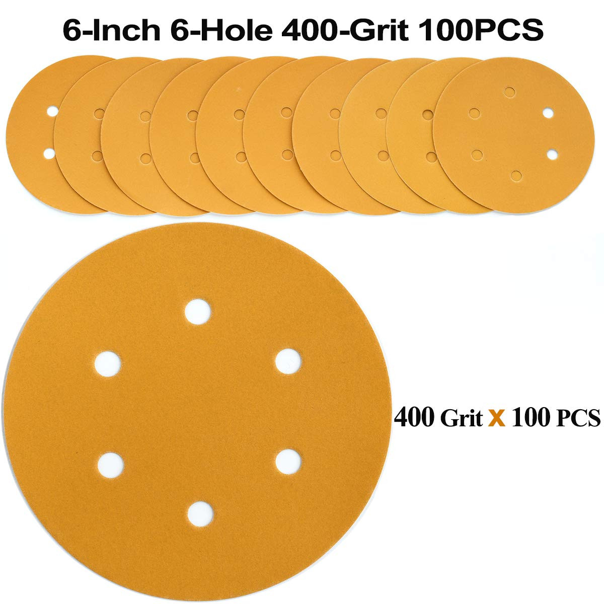 6-Inch 6-Hole Hook and Loop Sanding Discs 400-Grit, Random Orbital Sandpaper