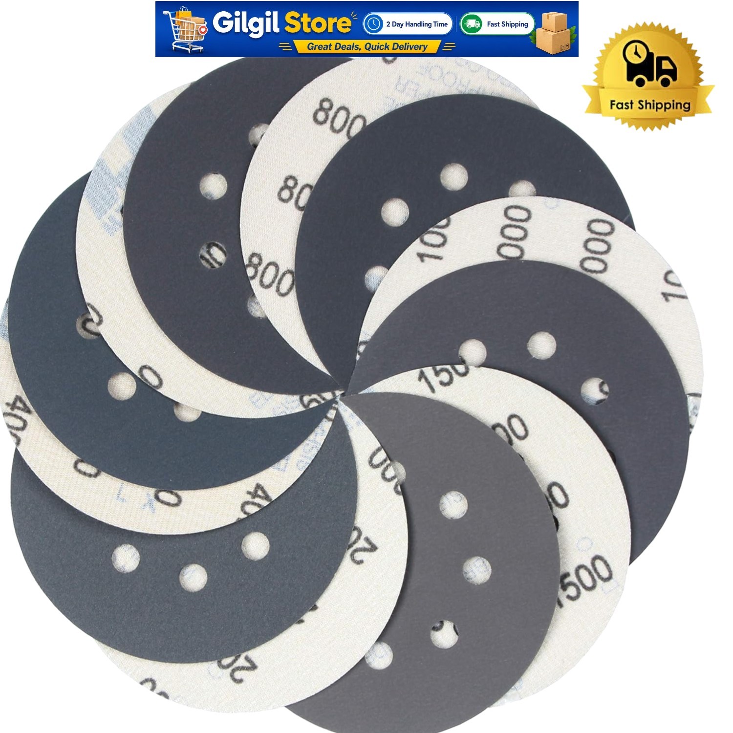 5-Inch Hook & Loop Sandpaper Set: 60 PCs Silicon Carbide Grits 400-2000