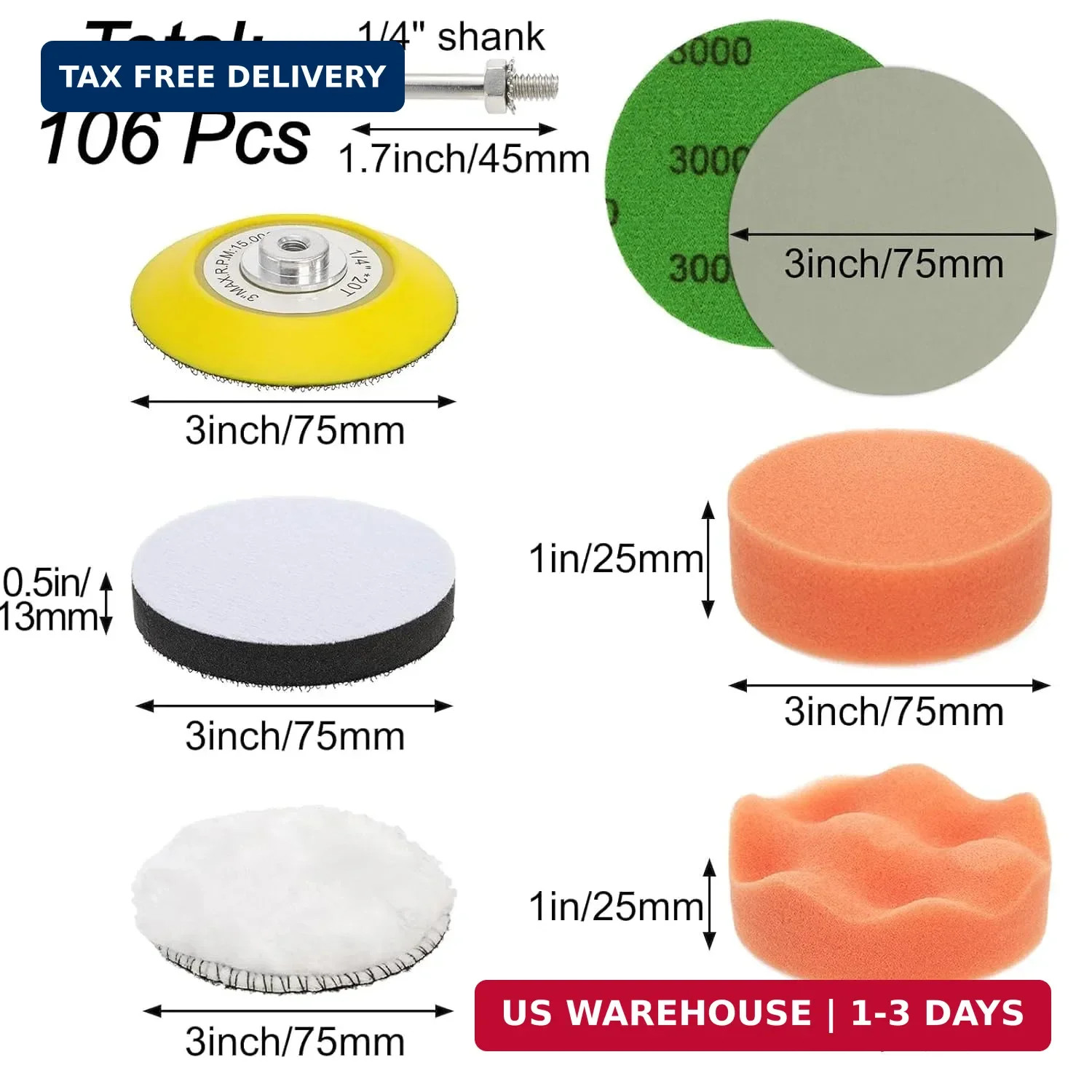 106 Pcs 3 Inch Sanding Discs, Wet Dry Sandpaper Headlight Restoration Ki