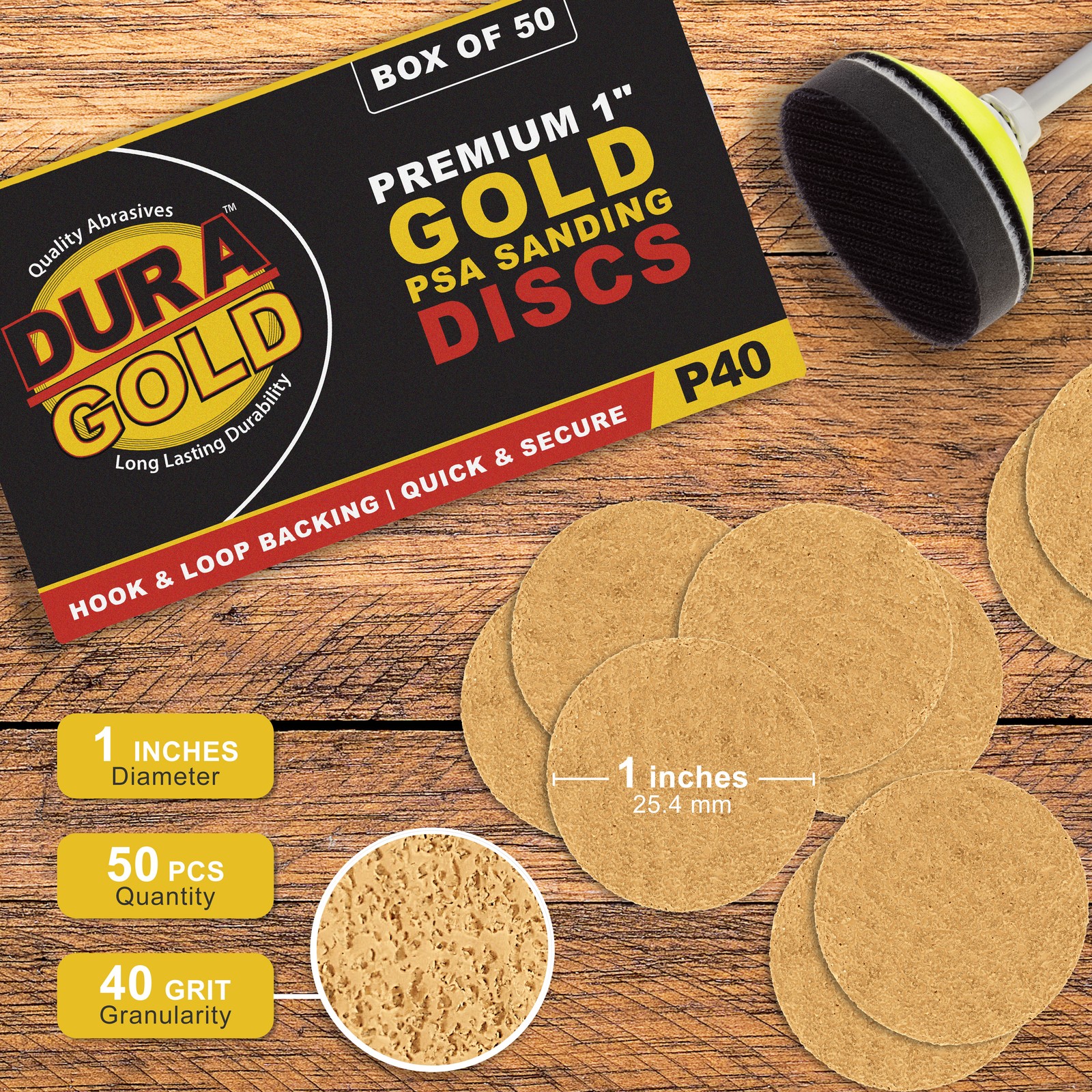 40 Grit 1″ Hook & Loop DA Sanding Discs – 50 Sandpaper Finishing Discs