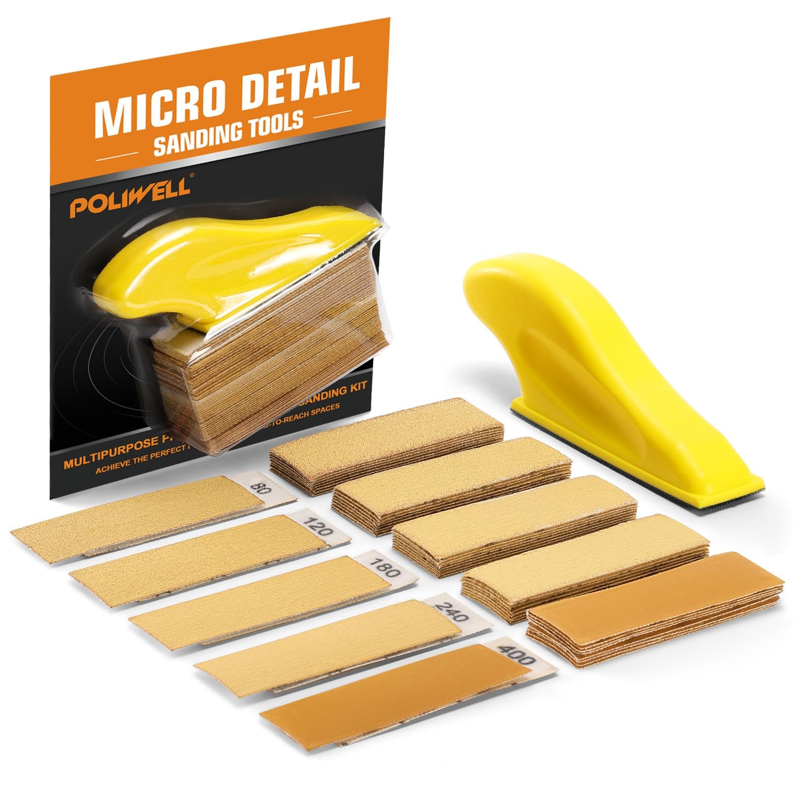 POLIWELL Micro Sander Kit 3.5” x 1” Mini for Small 1 x 3.5 inch, Gold