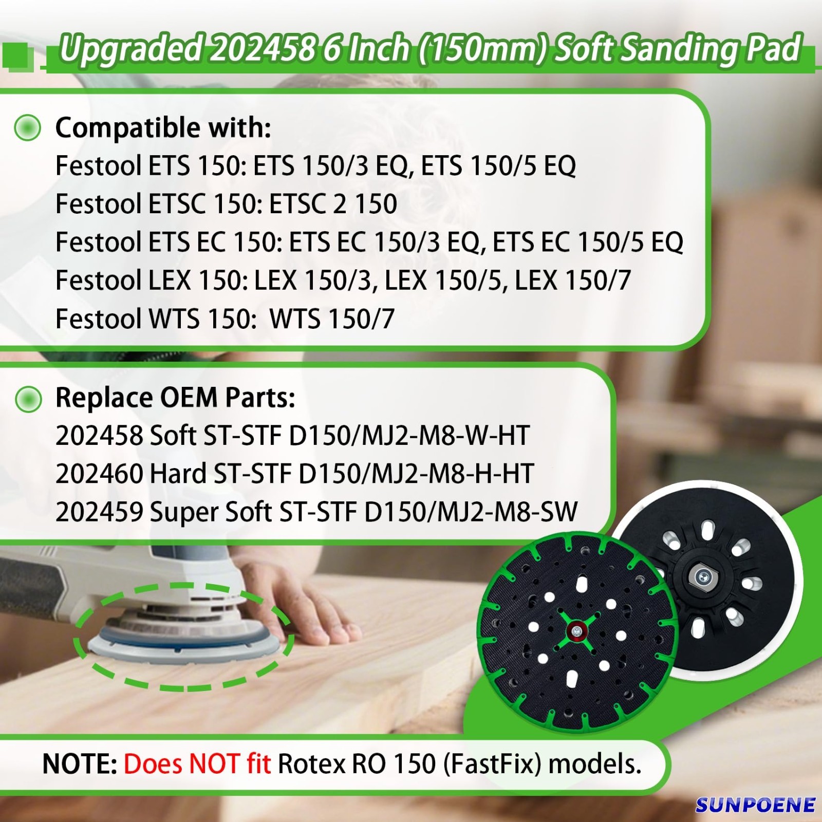 6-Inch Hard Sanding Pad for Festool ETS 150, ETSC 150, Heat Resistant Hook & Loo