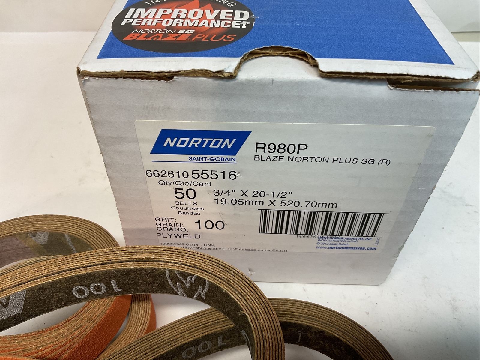 Norton 662610 55516 3/4×20-1/2” R980P Blaze Plus SG Sanding Belt 100 Grit 50 pk