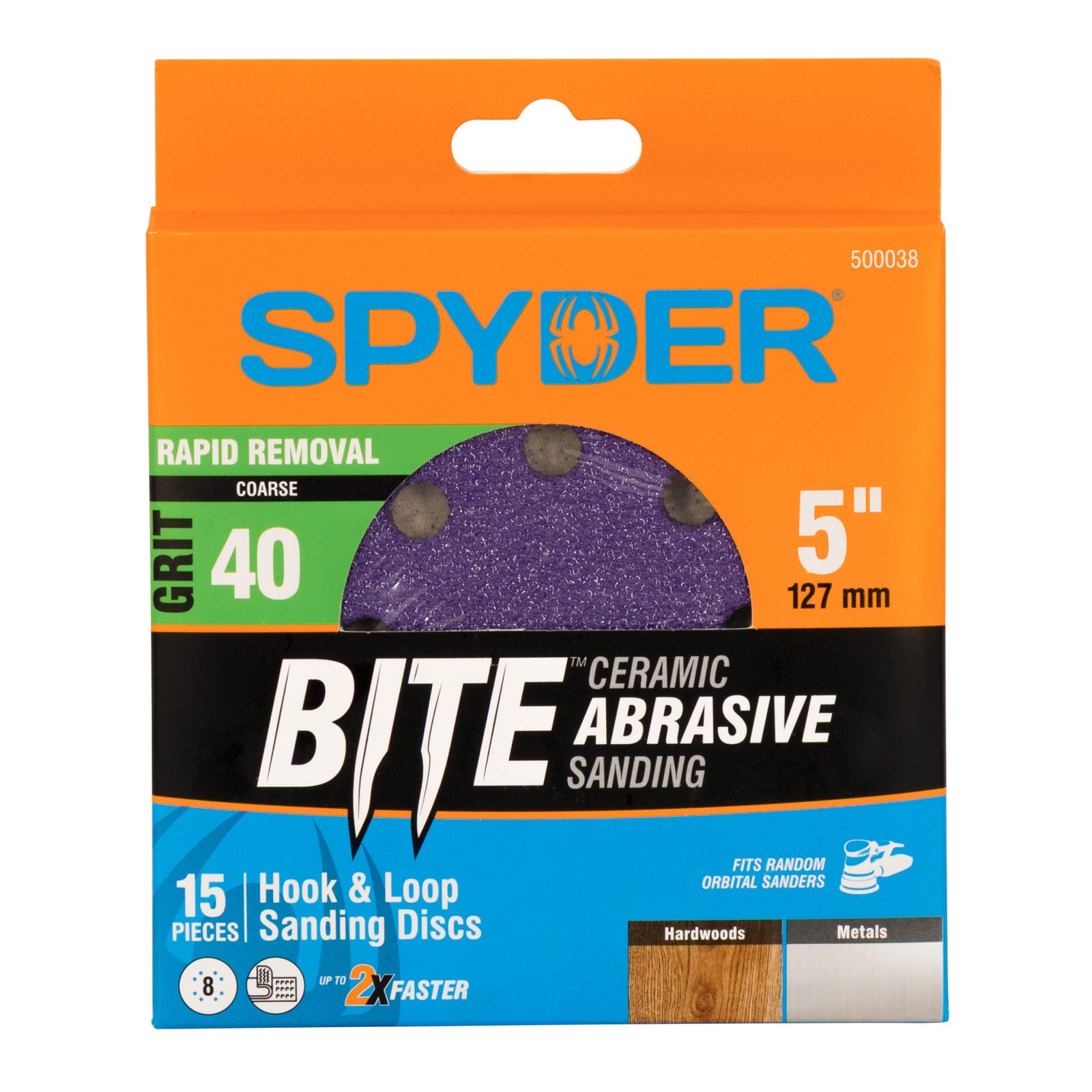 Spyder 5 in. x 8-Hole 40 Grit Ceramic Sanding Discs 15-Pack 500038
