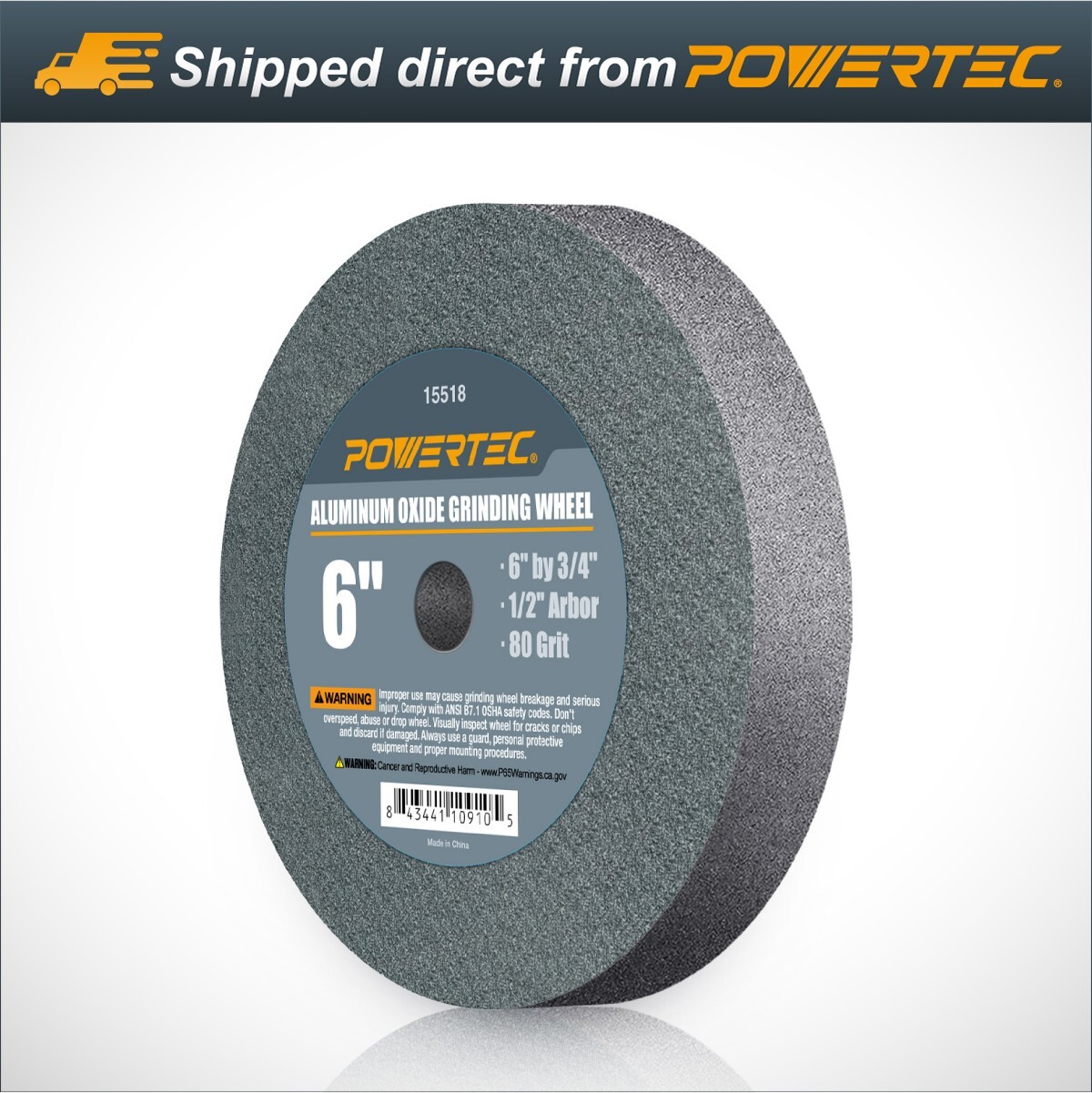 POWERTEC 15518 Aluminum Oxide Grinding Wheel 80 Grit, 6 x 3/4 with 1/2 Arbor