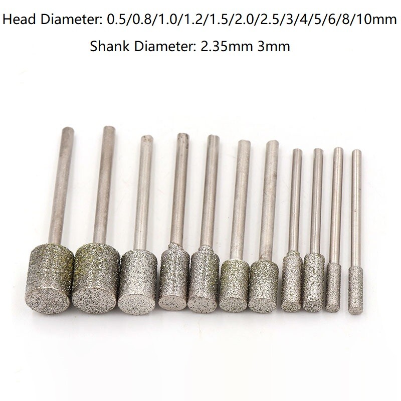0.5mm-10mm Diamond Burr Grinding Engraving Bit 2.35/3mm Shank for Dremel Rotary