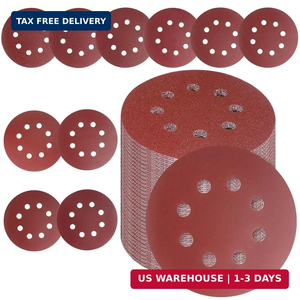 50 PCS 5 Inch 8 Hole Sanding Discs, Adhesive Hook and Loop Sandpaper for Random
