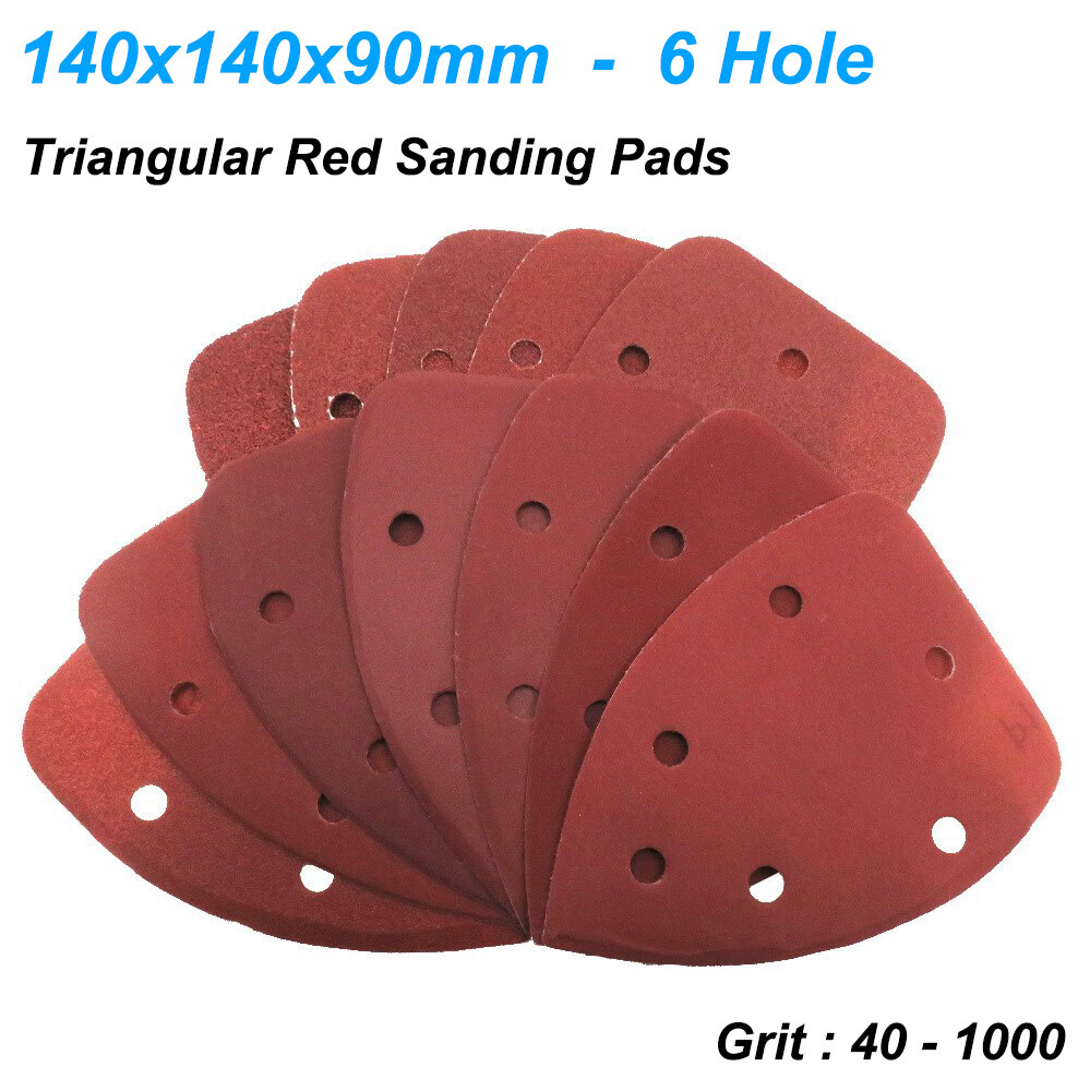 6 Hole Triangular Sanding Pads 140x140x90mm Hook & Loop Red Sand Paper 40#-1000#