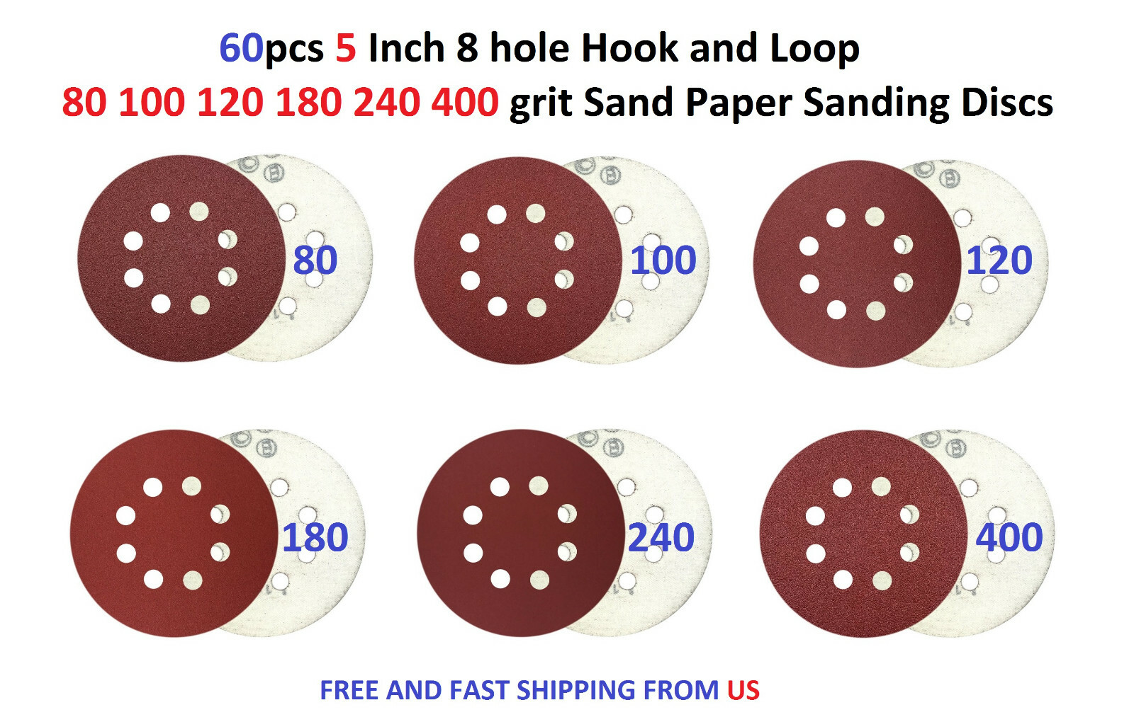 60pcs 5 Inch 8 hole 80 100 120 180 240 400 grit Sand Paper Sanding Discs