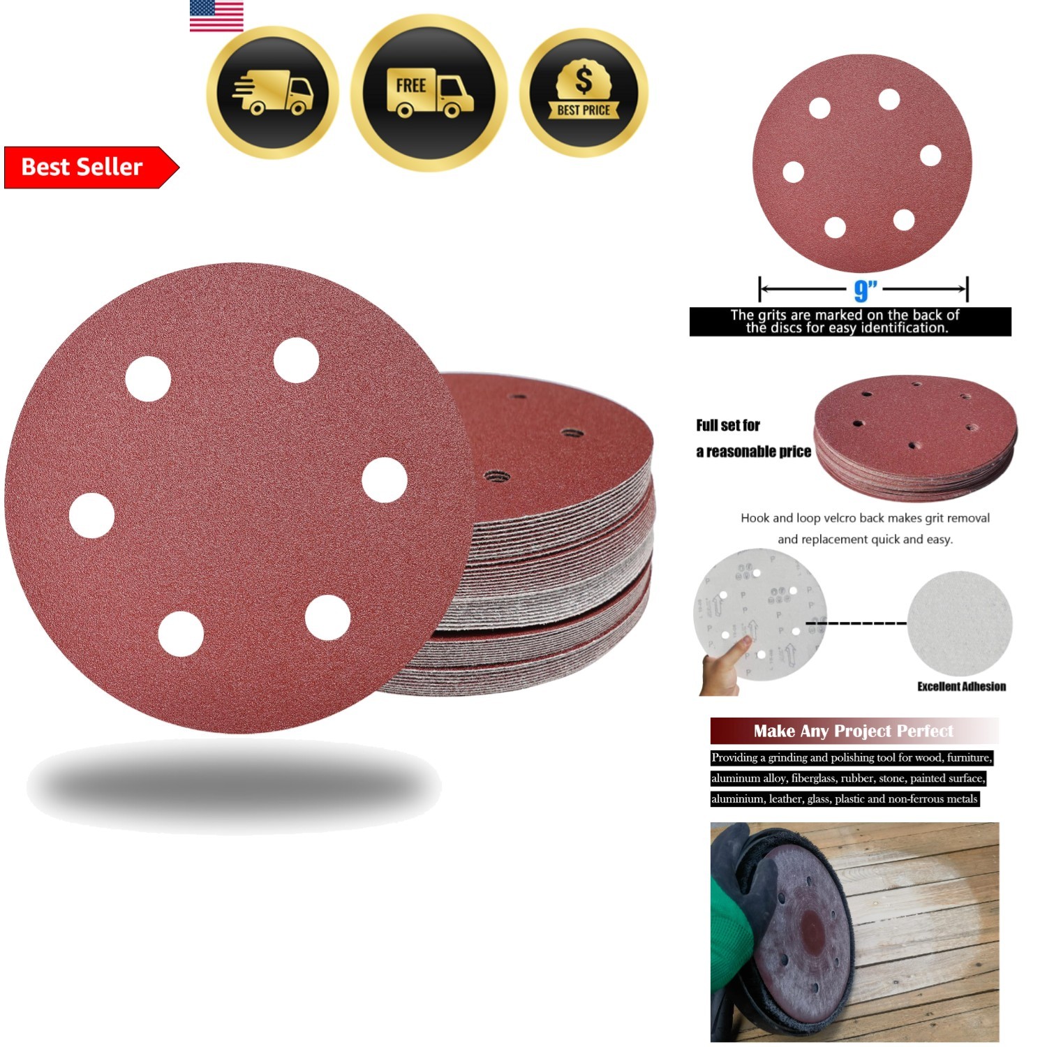 Sanding Discs 80 Grit 9 Inch Hook & Loop Aluminum Oxide Pack of 50