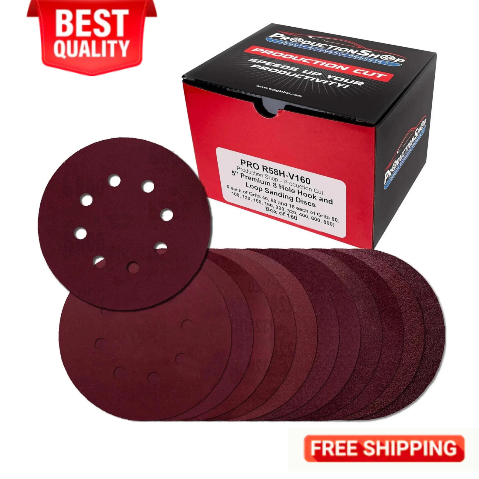 160 Pack 5 inch Sanding Discs 8-Hole Red Variety Pack Grit, Hook ,Loop Sandpaper