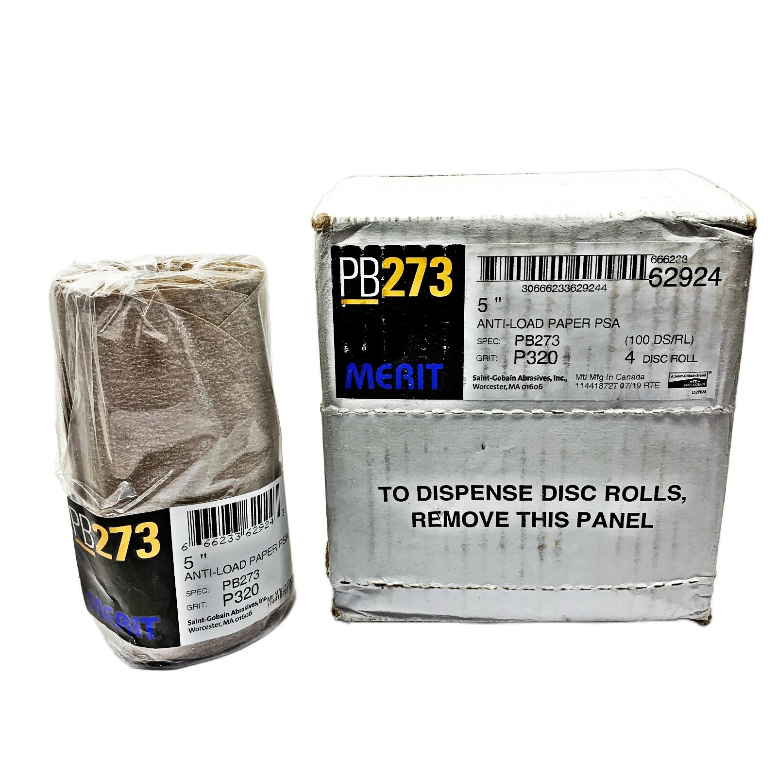 New Single Roll Merit PB273 P320 Grit Anti-Load Paper 5″ Discs 62924 100 Discs