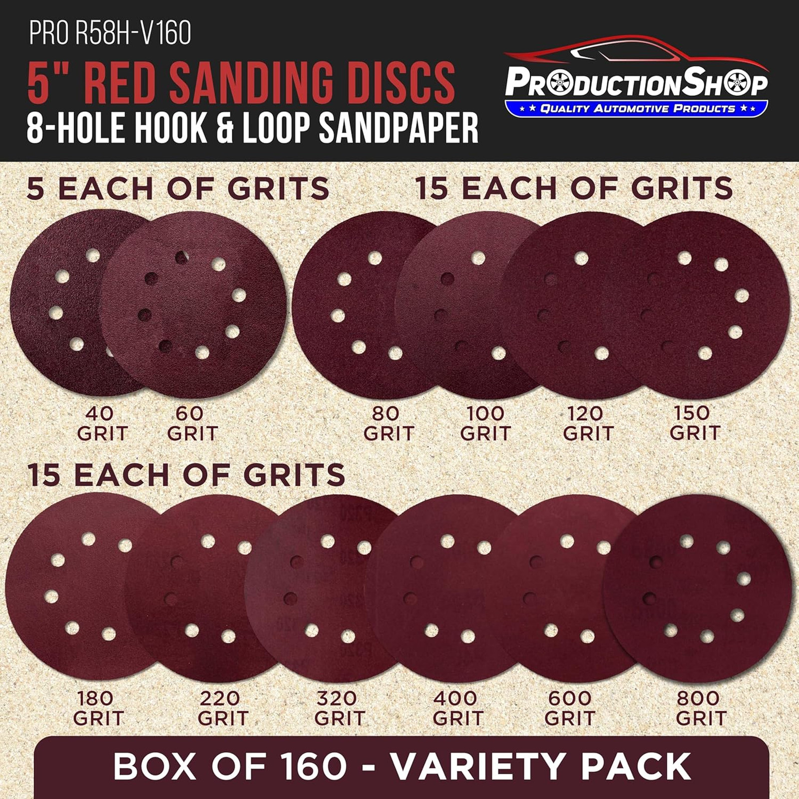 5 Inch Red 8-Hole Pattern Sanding Discs Variety Pack Grits 40 to 800 for