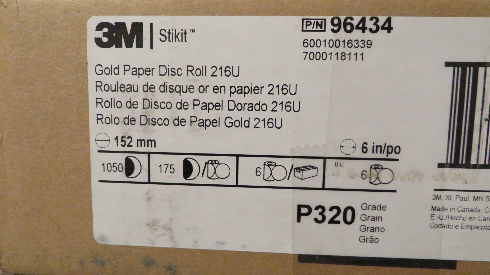 3M GOLD PAPER DISC ROLL 216U P320 A-WEIGHT 6 INCH X NH 175 DISCS MPN: 96434