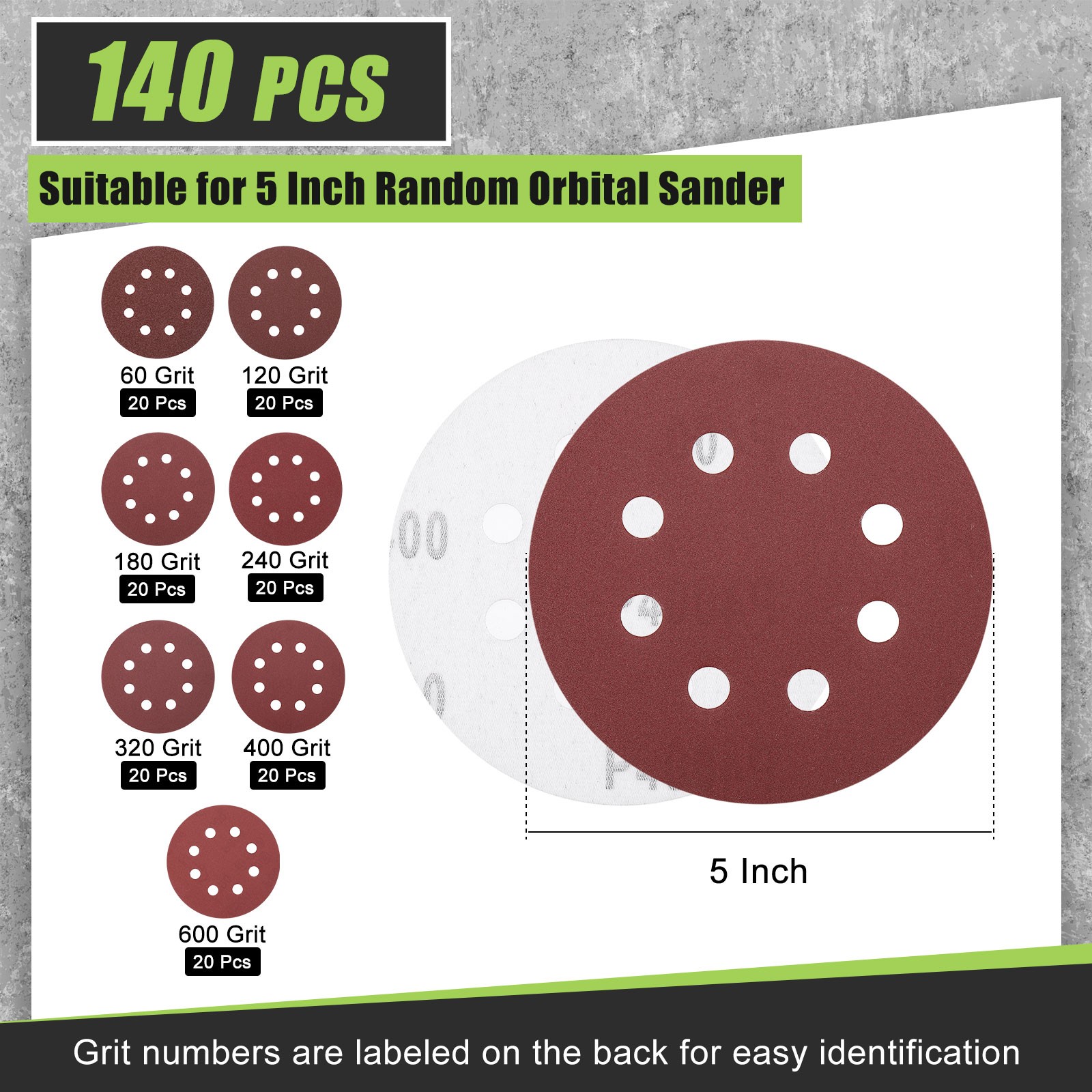 140Pcs 5“ 60/120/180/240/320/400/600 Grit 8 Holes Hook and Loop Sanding Disc,Red