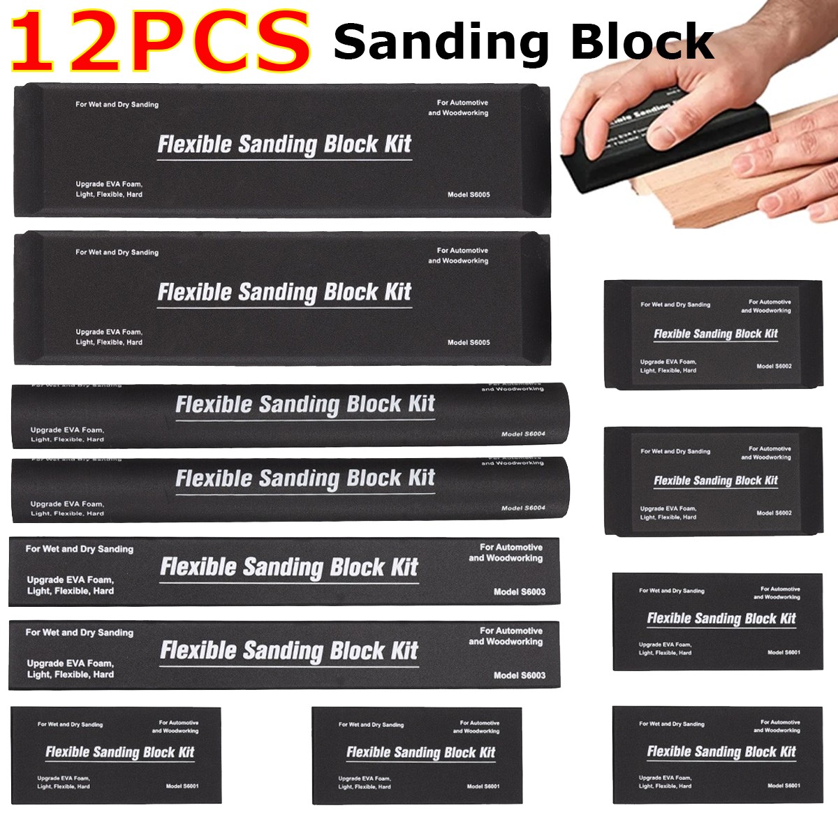 12PCS Sanding Block Kit Flexible EVA Foam Wet or Dry for Automotive or Woodwork
