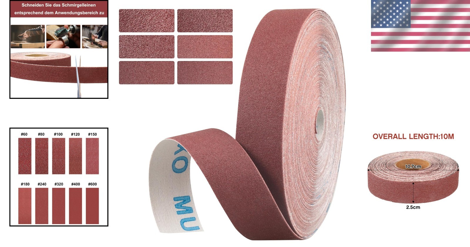 240 Grit Emery Cloth Roll, 1″ x 32.14 Feet for Metal, Wood & Plastic