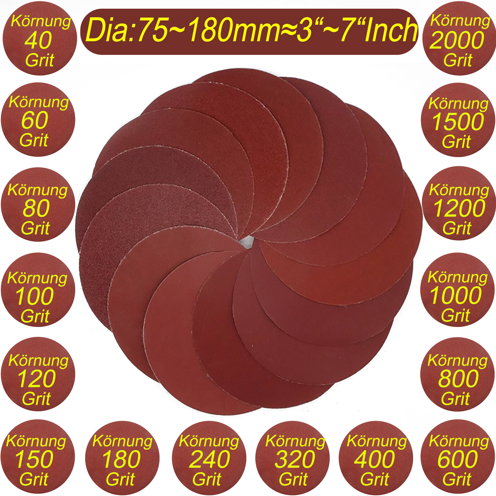 75~180mm Sanding Discs 3~7 inch Sander Pads Sandpaper 40 – 2000 grit Hook & Loop