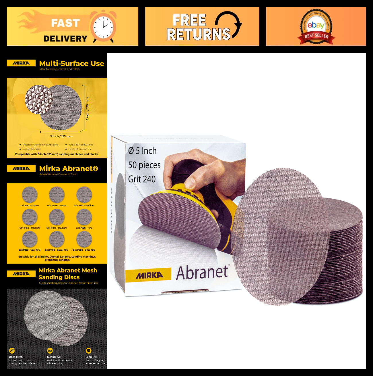 240 Grit 5″ Hook & Loop Sanding Discs – Dust-Free Mesh Sandpaper – 50 Pcs for Wo