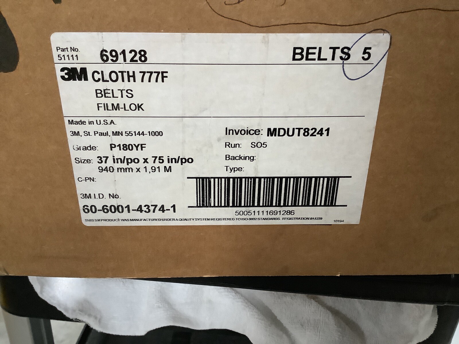 3M Cloth Belts 777F 37 IN. X 75 IN. P180YF. Lot Of 5 Belts.