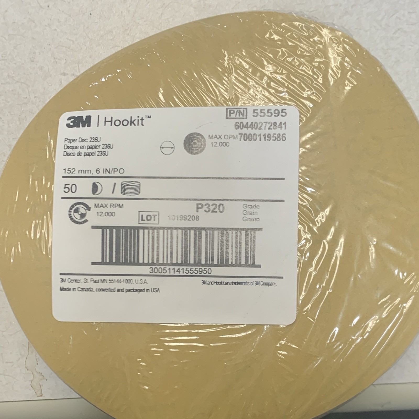 3M Hookit 6in P320 Sanding Discs Paper Abrasive 50-Pack Beige MPN 55595