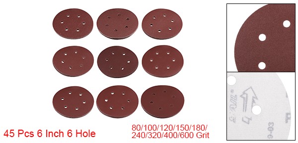45pcs 6″ 6 Hole Sandpaper Sanding Discs 80/100/120/150/180/240/320/400/600 Grit