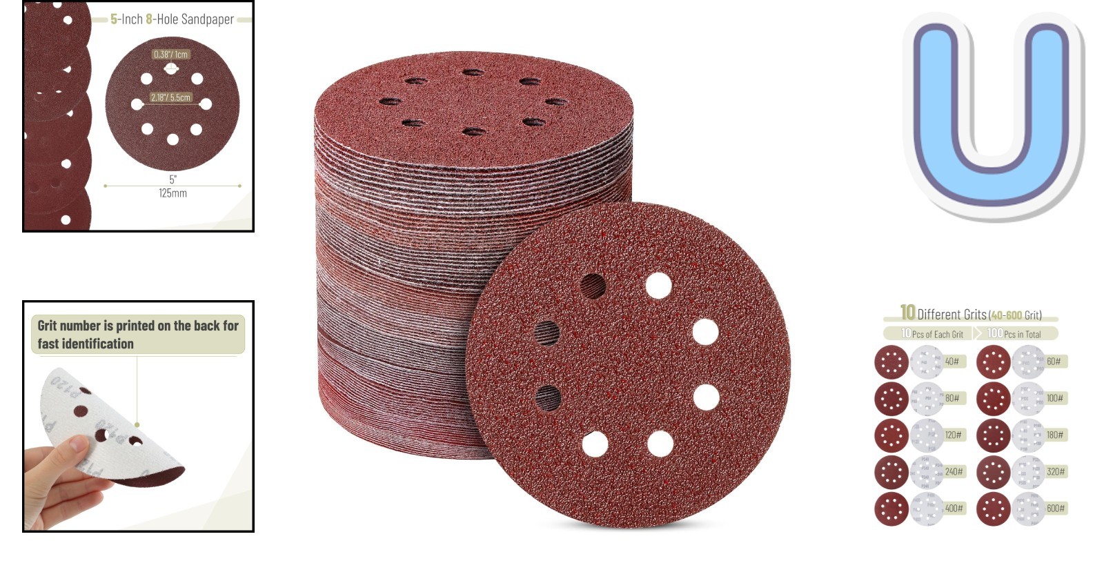 100-Pack Bates 5-Inch 8-Hole Sanding Discs – Ideal for Wood, Metal, Plastic