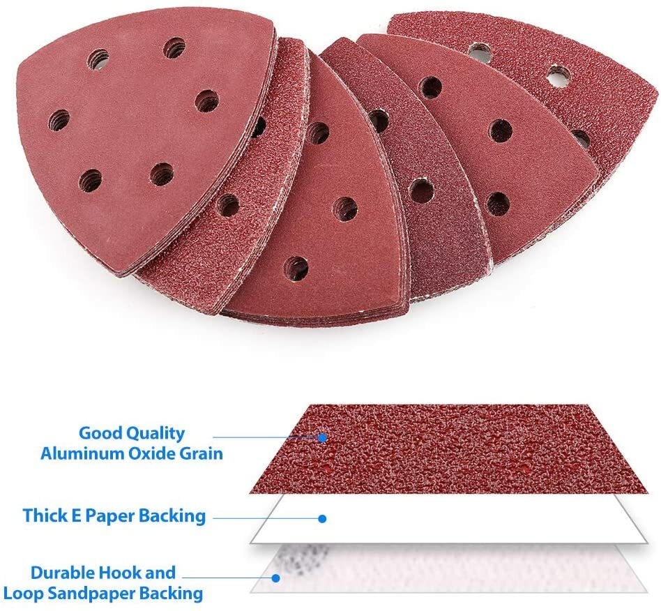 100PCS Triangle Sanding Pads for Oscillating Multi-Tool Hook Loop Sandpaper Disc
