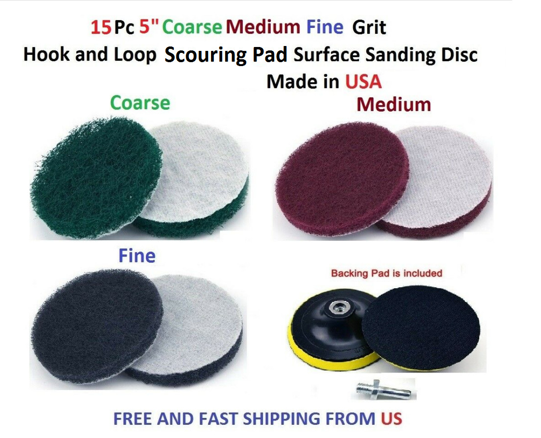 15Pc 5″ Coarse Medium Fine Hook and Loop Brush Scouring Cleaning Pads
