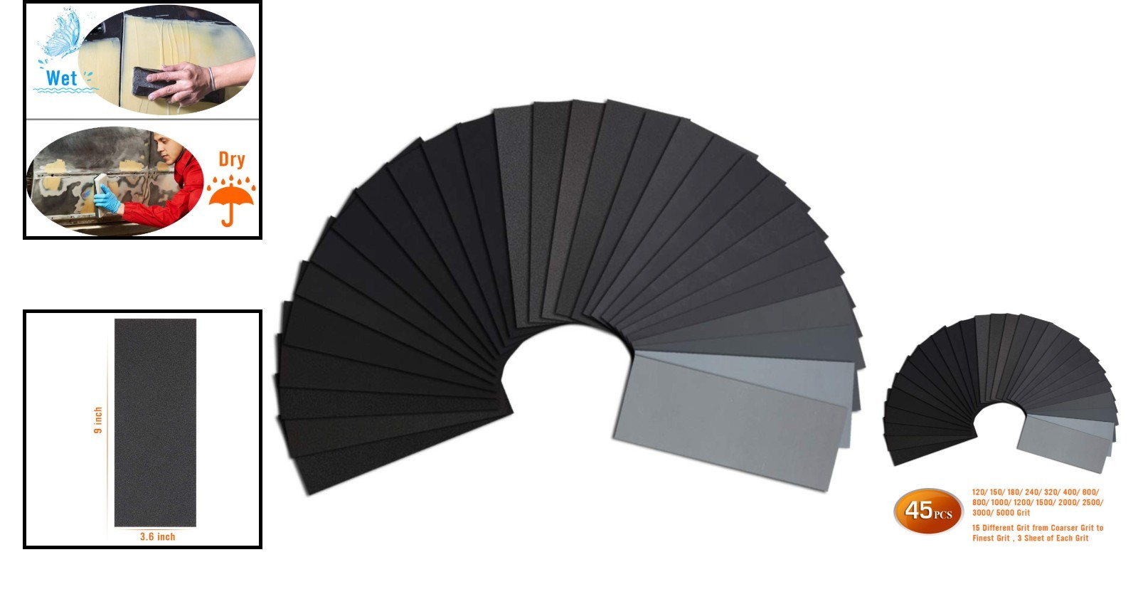 45PCS Assorted Wet Dry Sandpaper Set 120-5000 Grits | Perfect for Wood & Metal