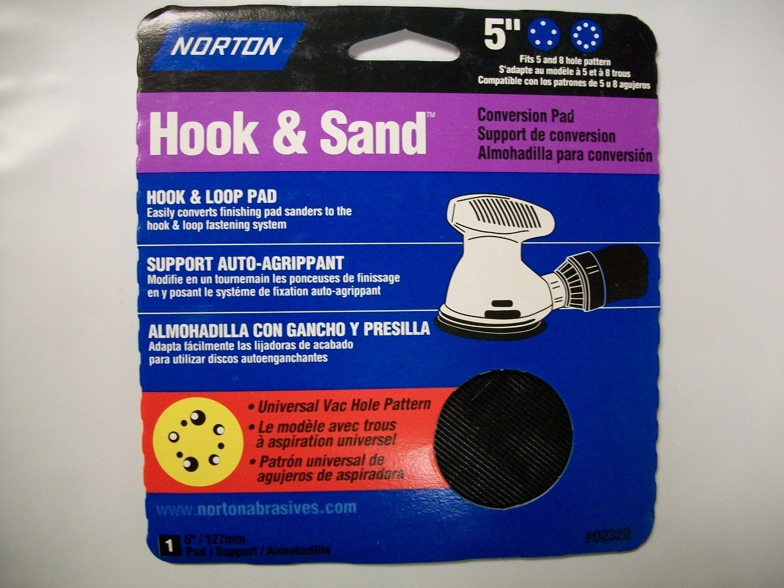 Norton 5″, 5 & 8 Hole Conversion Pad, PSA to Hook & Loop Sanding Disc, 2 Discs