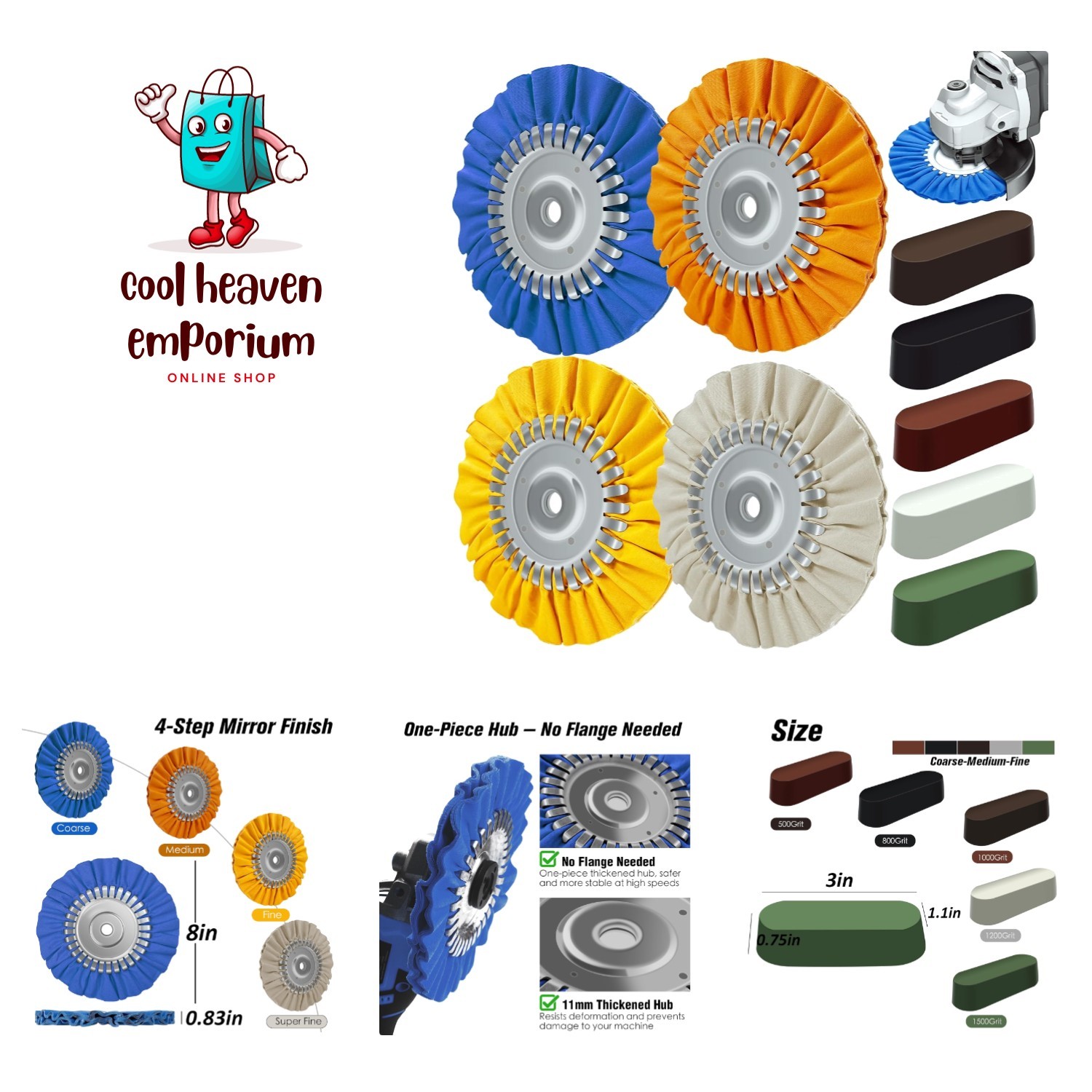 8″ Airway Buffing Wheel 9-Piece Polishing Kit for Angle Grinders, Max 6000 RPM