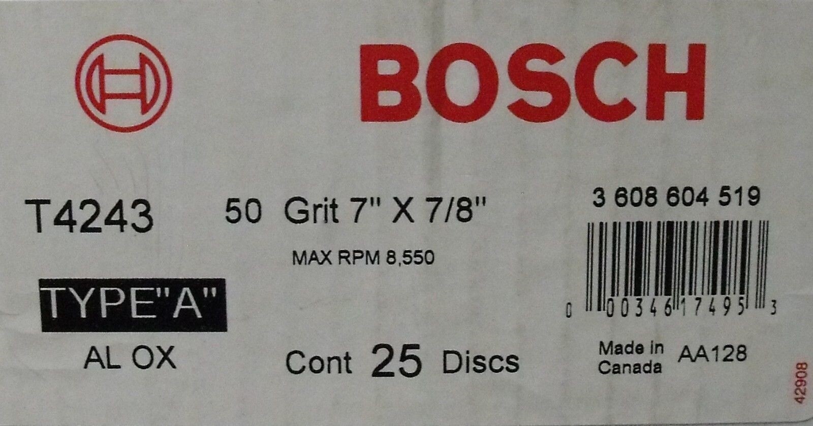 Bosch T4243 7″ AO Fiber Resin Sanding Disc 50 Grit 25-pack 7/8″ Arbor Canada