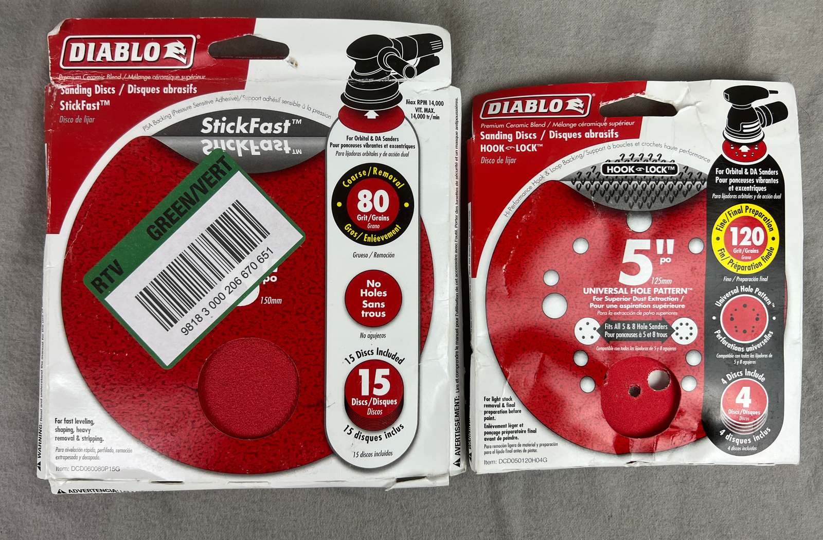 Diablo Sanding Discs 6” No Hole 80G Stick Fast 15pk & 5” 4pk 120G Universal