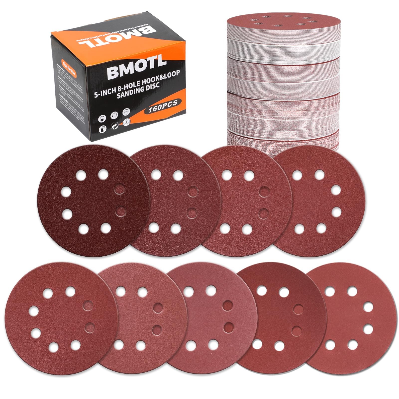 Bmotl 160Pcs 5-Inch 8-Hole Sanding Discs Assortment40 60 80 120 150 220 320 400