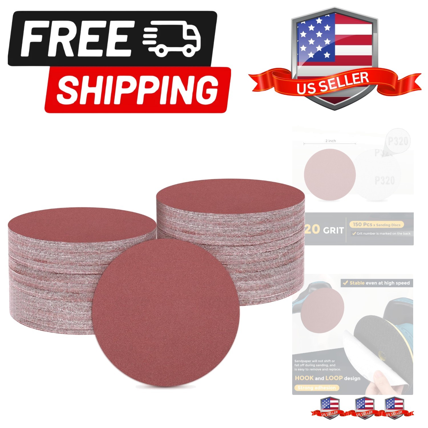 150 Pcs 2 Inch Sanding Discs, 320 Grit Hook and Loop Sandpaper, No-Hole Alumi…