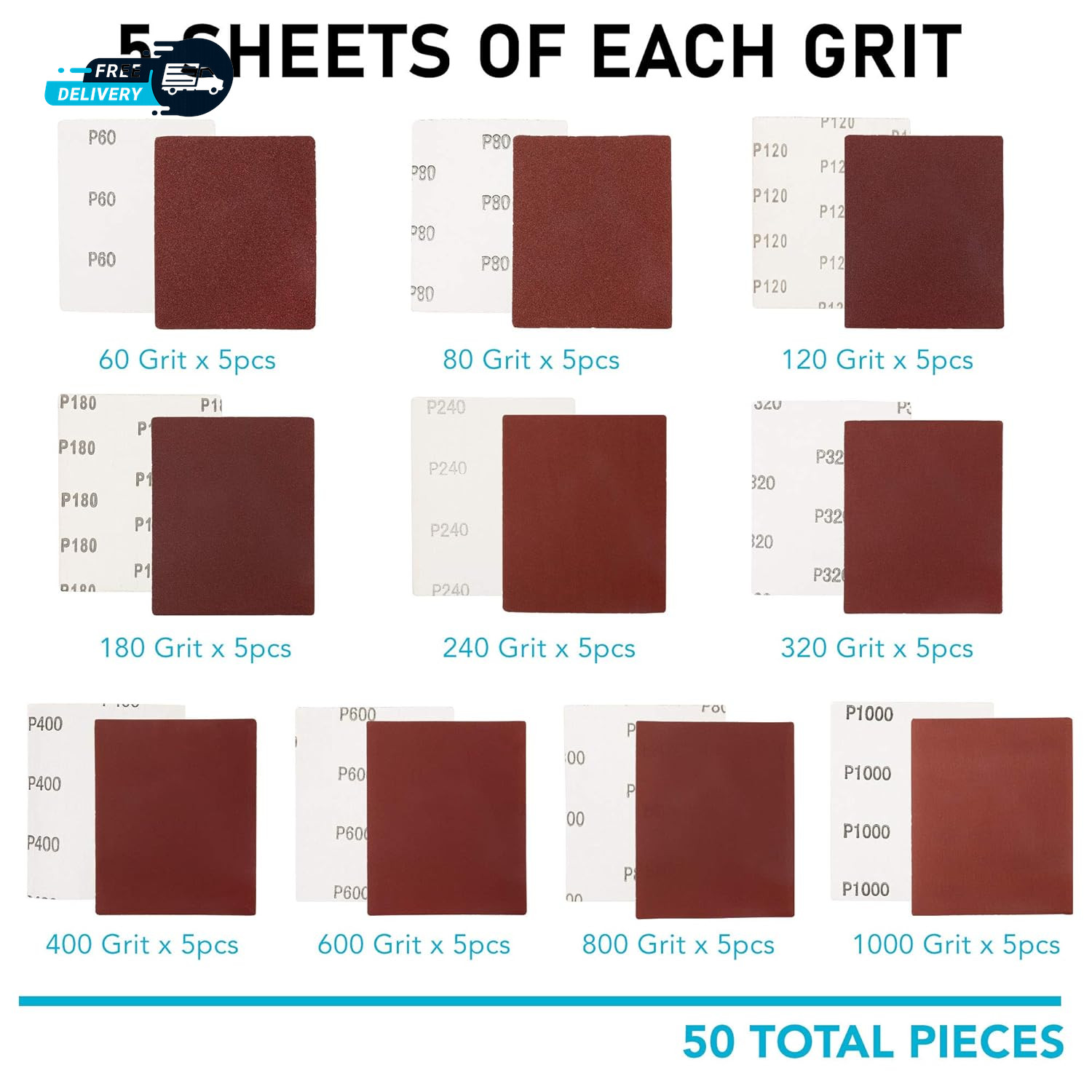 1/4 Sheet Sandpaper for Palm Sander 50PCS 60 80 120 180 240 320 400 600