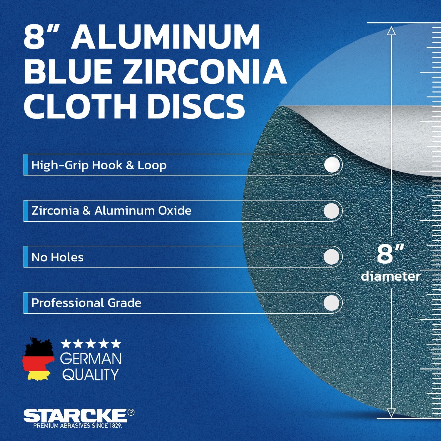 8″ Blue Zirconia Cloth Hook and Loop Sanding Discs (50 Pack, 80 Grit)
