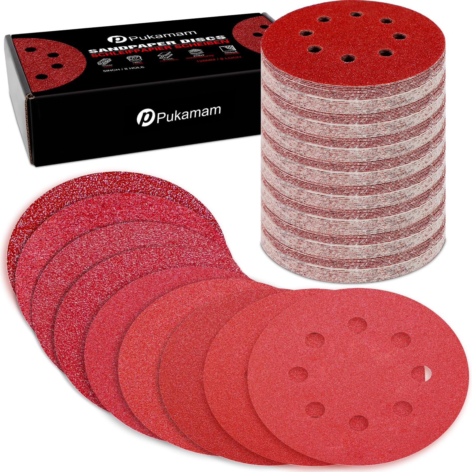 Pukamam 170 Pcs 5 inch Sanding Discs 40 60 80 120 180 240 320 5 inches, Red